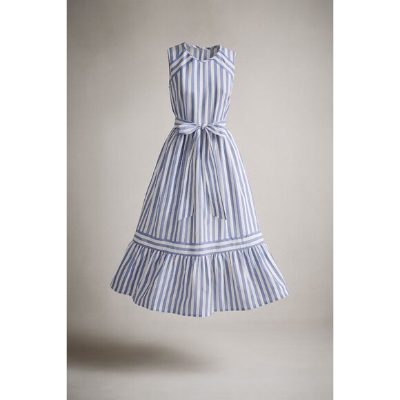J.Crew Factory 100% Cotton Tiered Midi Dress Women's Size 4P Blue & White Stripe - Picture 1 of 16